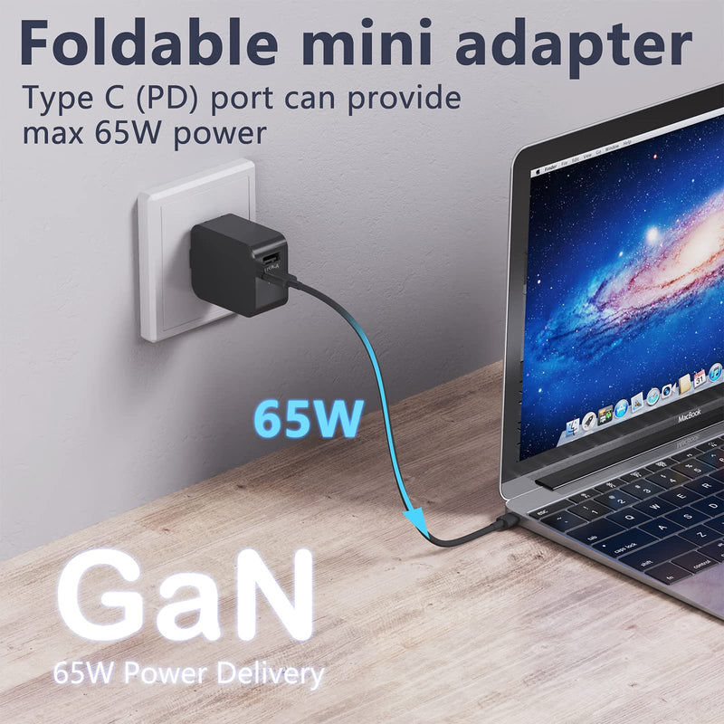 [Australia - AusPower] - USB C & A Adapter Charger, WONGSAM 65W Laptop Adapter Charger, GaN tech Fast Charger, with 2 Port, Foldable Plug, Compatible with MacBook,iPad, iPhone, Mobile Phone, USB Devices, Black 