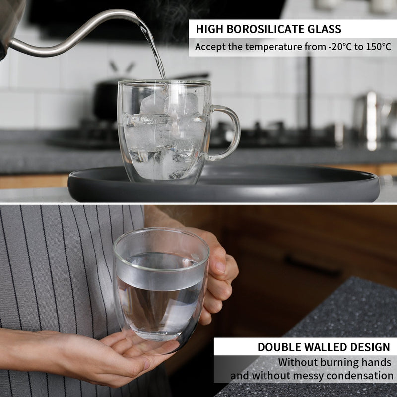 [Australia - AusPower] - Sweese 413.101 Glass Coffee Mugs - 12.5 oz Double Walled Insulated Mug Set with Handle, Perfect for Latte, Americano, Cappuccinos, Tea Bag, Beverage, Set of 2 