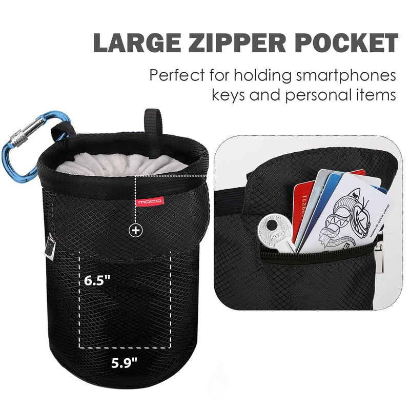 [Australia - AusPower] - MoKo Chalk Bag, Drawstring Rock Climbing Chalk Bag Bouldering Chalk Bag Bucket with Adjustable Belt & Zippered Pockets and Carabiner for Rock Climbing Weight Lifting Gymnastics Crossfit Black 