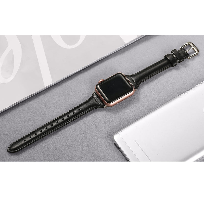 [Australia - AusPower] - Secbolt Leather Bands Compatible Apple Watch Band 38mm 40mm 41mm 42mm 44mm 45mm Slim Replacement Wristband Sport Strap for Iwatch SE Series 7 6 5 4 3 2 1 Stainless Steel Buckle Black 42mm/44mm/45mm 