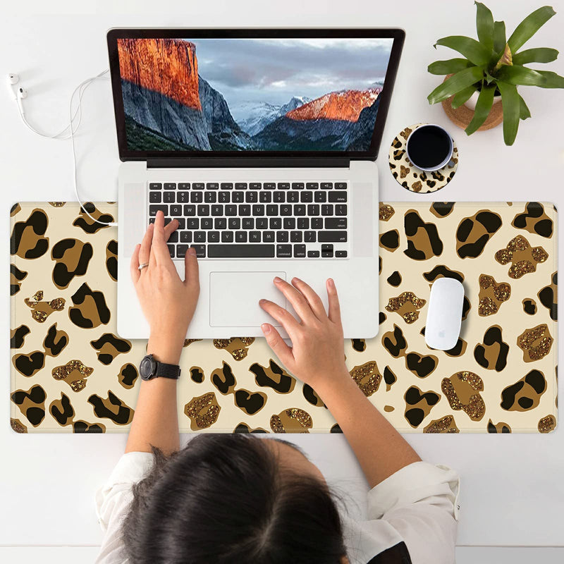 [Australia - AusPower] - Leopard Glitter Mouse Pad Large with Coaster, 35.4"x15.7" Full Desk Mousepad Stitched Edges Non Slip Base Desk Pad Extended Large Gaming XXL Mouse Pad for Desk Office Home XXL-35.4"x15.7"x0.12" Leopard Glitter 