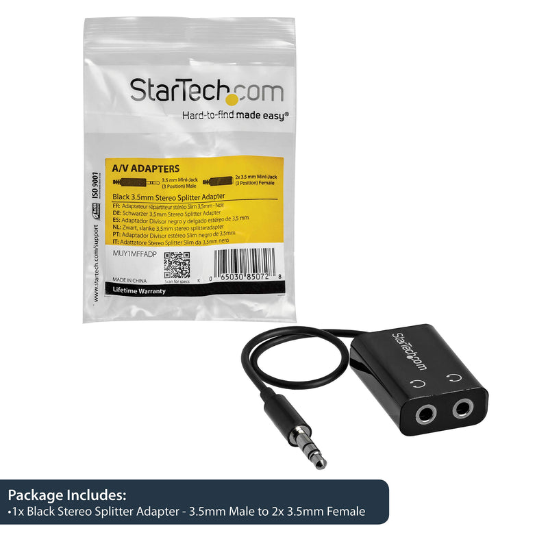 [Australia - AusPower] - StarTech.com Black Slim Mini Jack Headphone Splitter Cable Adapter - 3.5mm Audio Mini Stereo Y Splitter - 3.5mm Male to 2x 3.5mm Female (MUY1MFFADP) 