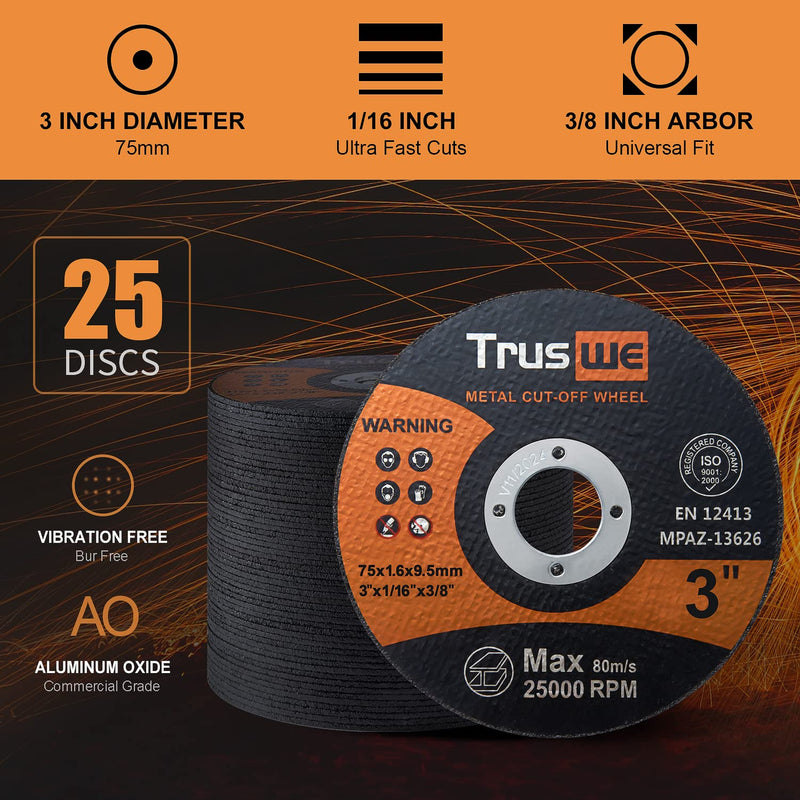 [Australia - AusPower] - Truswe Cut Off Wheels 25 Pack,3 Inch,Metal and Stainless Steel Cutting Wheel for Angle Grinder,Ultra Thin Cut-Off Wheel Cutting Disc (25 PCS 3 x 1/16 x 3/8 inch Cut Off Wheels) 25 PCS 3 x 1/16 x 3/8 inch Cut Off Wheels 