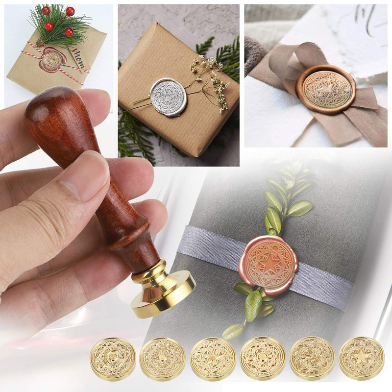 [Australia - AusPower] - OwnMy 6 PCS Wax Seal Stamp Set with Magic Symbols Wax Stamp Heads and Wooden Handle, Vintage Retro Classical Wax Sealing Stamp Crafts Wax Seal Stamp Kit with Gift Box for Invitation Envelopes Letters Magic Symbol 
