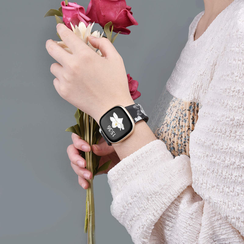 [Australia - AusPower] - KOREDA Sport Band Compatible with Fitbit Versa 3/Fitbit Sense, Floral Silicone Printed Fadeless Pattern Replacement Band Strap for Versa 3/Sense Smart Watch (Black Flower) Black Flower 