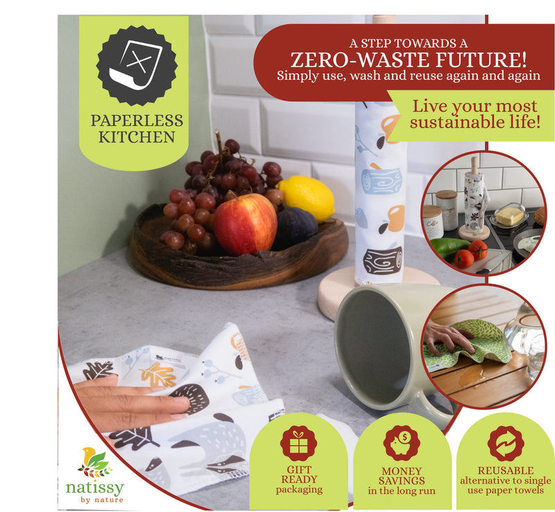 [Australia - AusPower] - Reusable Paper Towels for Kitchen, Roll of 10 Paperless Paper Towels on a Holder, Reusable Cloth Paper Towels, Organic Cotton Reusable Napkins, Washable Fabric Paper Towel Replacement, Reusable Towels 