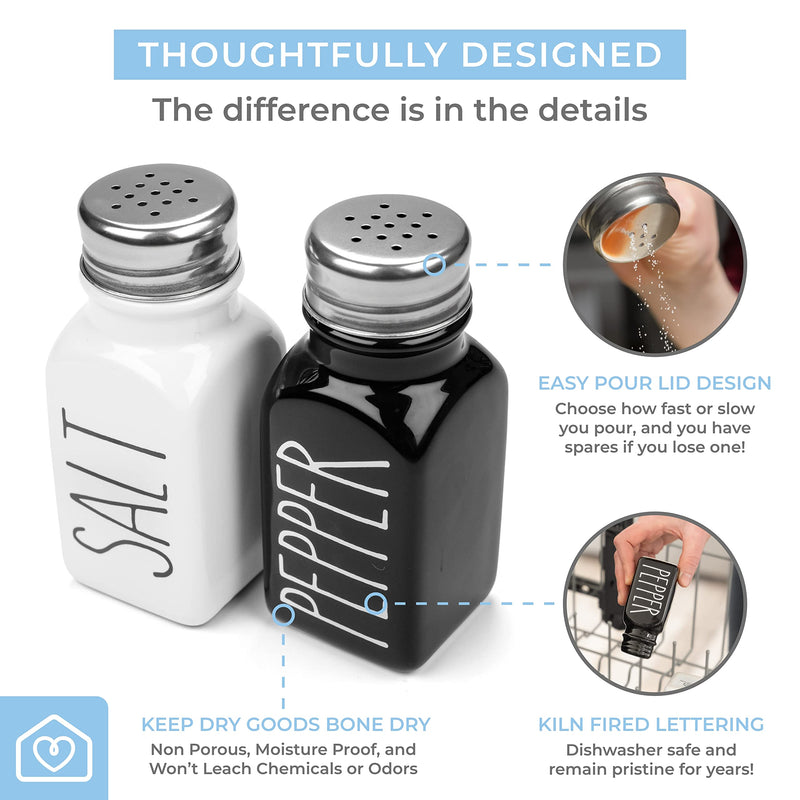 [Australia - AusPower] - Farmhouse Ceramic Salt and Pepper Shakers Set with Extra Lids. 100% Stoneware Salt and Pepper Shaker Set. Black Pepper and White Salt Shaker with Lid x4. Kitchen Salt Pepper Shakers by Heartland Home White/Black 