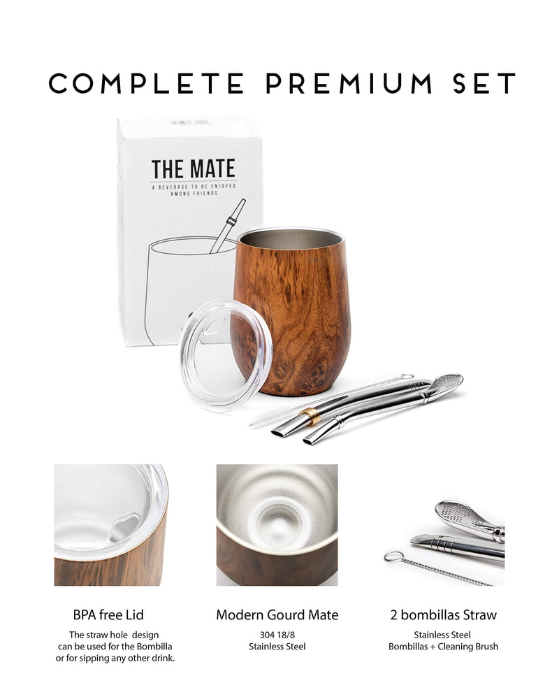 [Australia - AusPower] - BALIBETOV Modern Mate Cup And Bombilla Set (Yerba Mate Cup) -Yerba Mate Set includes Double Walled 18/8 Stainless Steel Mate Tea Cup, Two Bombilla Mate (Straw) and a Cleaning Brush (Wood, 12) Wood 12.0 ounces 