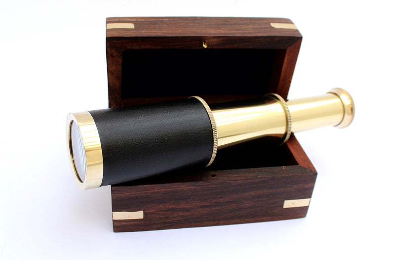 [Australia - AusPower] - 6" Nautical Handheld Pirate Brass Telescope with Anchor on Wooden Box, Sailor Home Decor Toy Gift 