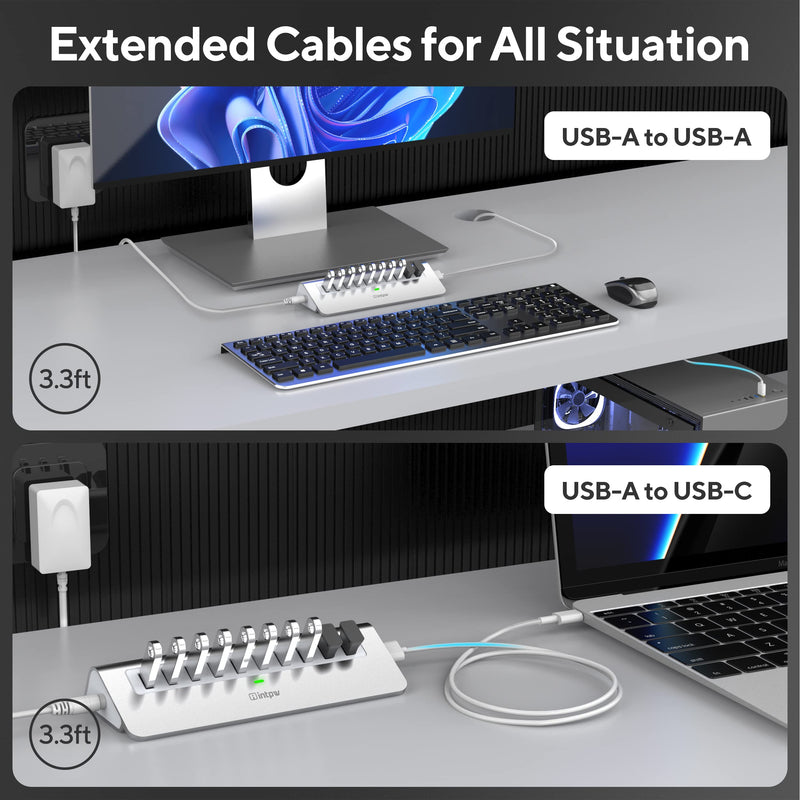 [Australia - AusPower] - Powered USB Hub, intpw 10 Port USB 3.1 Hub with 10Gbps Data Transfer, 30W(12V/2.5A) Power Adapter, USB Type A and Type C Cable, Aluminum USB Splitter for Laptop, MacBook and Desktop Computer 