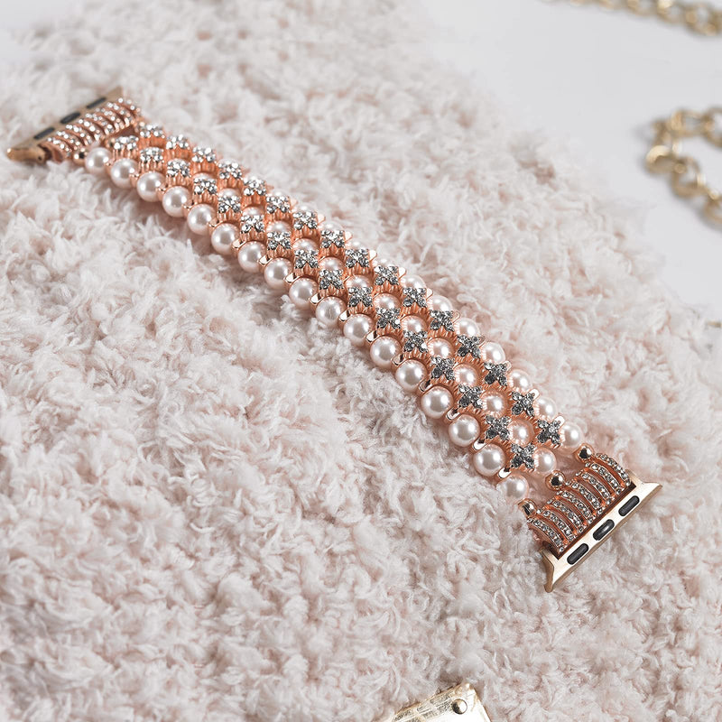[Australia - AusPower] - TOMMEIE Pearl Band Compatible with Apple Watch Bands 38mm 40mm 41mm 42mm 44mm 45mm iWatch Band Series SE/7/6/5/4/3/2/1 Beaded Bracelet Bling Fancy Fashion Jewelry Straps Accessories for Women Rose gold 38mm/40mm/41mm 