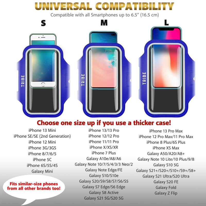 [Australia - AusPower] - TRIBE Water Resistant Cell Phone Armband Case Running Holder for iPhone Pro Max Plus Mini SE (13/12/11/X/XS/XR/8/7/6/5) Galaxy S Ultra Plus Edge Note (21/20/10/9/8/7/6/5) Adjustable Strap & Key Pocket Dark Blue S: iPhone Mini/8/7/6/5/4/3/SE/Galaxy Mini 