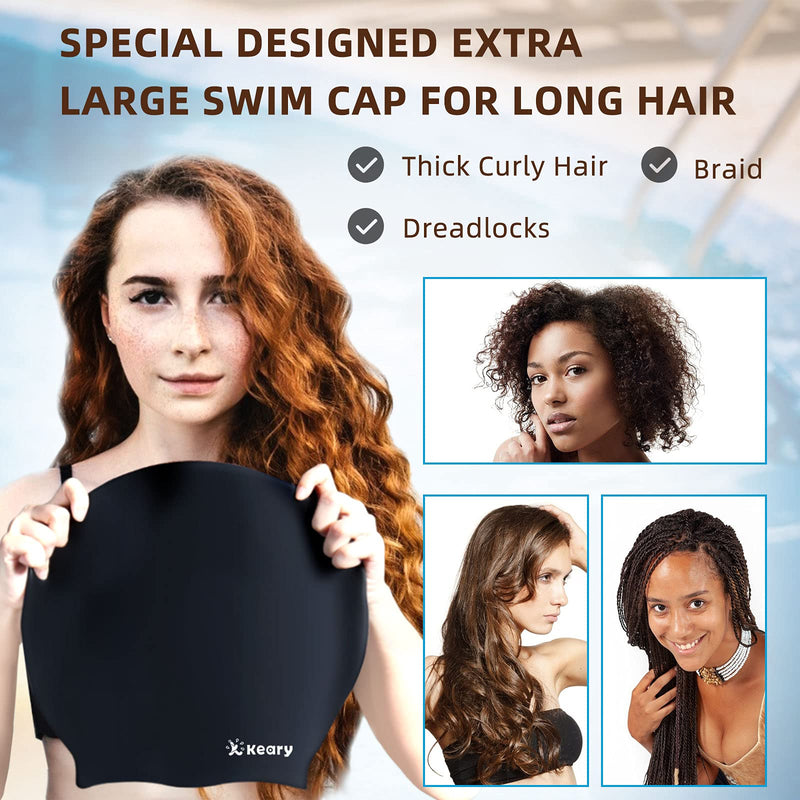 [Australia - AusPower] - Keary Extra Large Swim Cap for Braids and Dreadlocks Extensions Weaves Long Hair, Waterproof Silicone Cover Ear Bath Pool Shower Swimming Cap for Adult Youth to Keep Hair Dry, Easy to Put On and Off 
