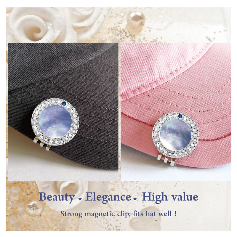 [Australia - AusPower] - E TRUEE Golf Ball Marker Hat Clip with Natural Mother of Pearl and Premium Crystal Golf Marker, Best Golf Gifts and Golf Accessories for Women blue pearl with blue crystal (silver clip) 