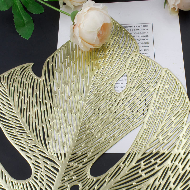 [Australia - AusPower] - Mabbcoo Placemats Set of 6, Hollowed-Out Leaf Place Mats for Dining Table Pressed Vinyl Table Mats for Holiday Party Wedding Accent Centerpiece Dinner Table Decoration (Garden Gold) 6Pcs Leaf 