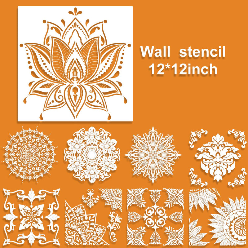 [Australia - AusPower] - 9 Pack (12x12 Inch) Large Reusable Stencil Mandala Stencil Laser Cut Painting Template for Floor Wall Tile Fabric Furniture Stencils Painting 