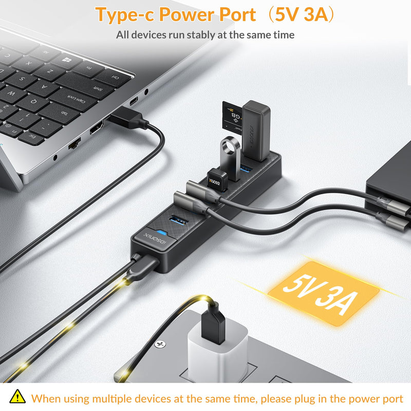 [Australia - AusPower] - iDsonix 7 Prots USB Hub 3.0 [3.3Ft] USB Expander Hub 5Gbps USB Splitter Multiport Adapter, USB Hub Long Cable for PC, Laptop, Flash Drive, Mobile HDD, Windows/XPS, 1m 3.3Ft（100cm） 