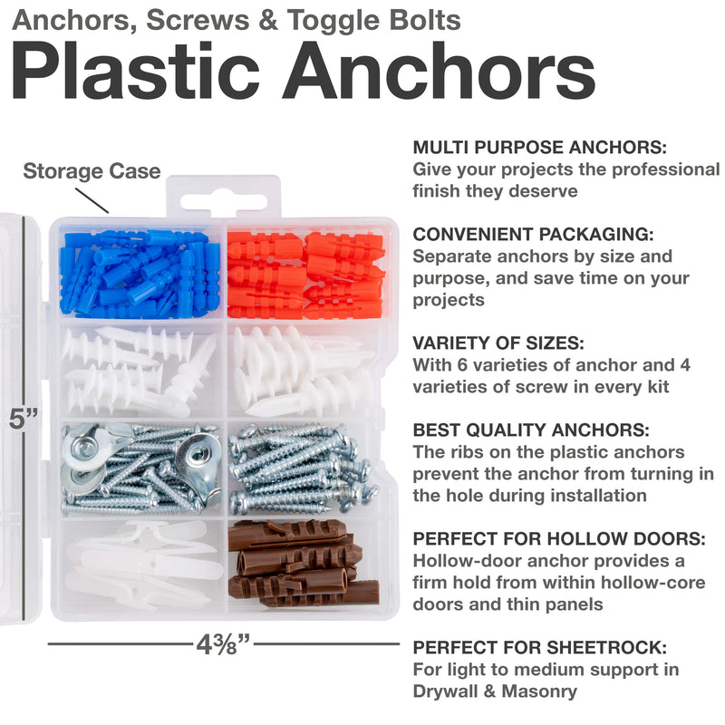 [Australia - AusPower] - Qualihome Drywall and Hollow-Wall Anchor Assortment Kit, Anchors, Screws, Wall Anchor Hooks, and Hollow-Door Toggle Anchor 