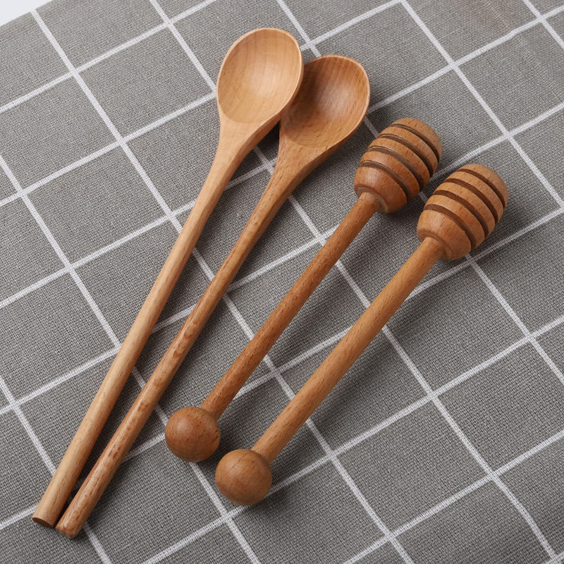 [Australia - AusPower] - 2pcs 6inch Honey Dipper Stick,2pcs 7.87inch Long Handle Coffee Stirring Spoons,Beech Wooden Honey Jar Spoons Stirrer,Dessert Iced Tea Cocktail Mixing Spoons for Home Kitchen,Wedding Party Favors 4 