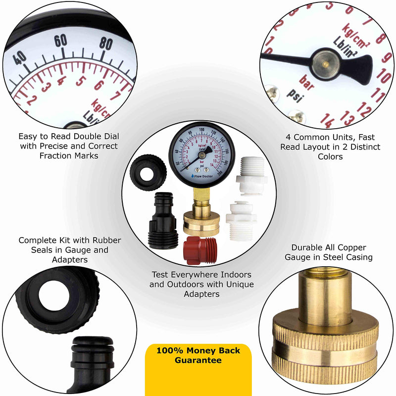 [Australia - AusPower] - Flow Doctor Water Pressure Gauge Kit, All Purpose, 6 Parts Kit, 0 to 200 Psi, 0 to 14 Bars, Standard 3/4" Female Garden Hose Thread Plus 5 Adapters to Test in Multiple Locations Indoors and Outdoors 