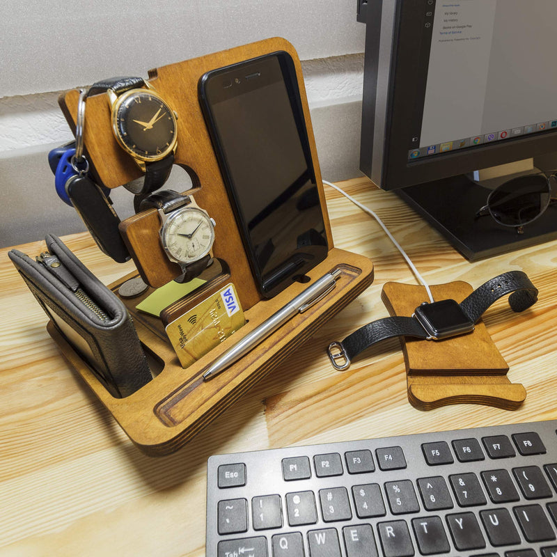 [Australia - AusPower] - Ukraine Handmade Wooden Docking Station Nightstand Organizer for Men Phone Tablet Watch Holder Charging Anniversary for Men's Fathers for Him for Husband from Wife Present for Dad 