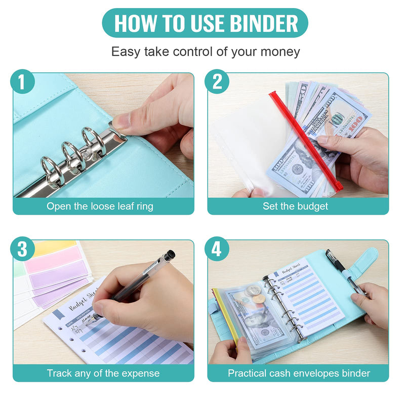 [Australia - AusPower] - Budget Binder Organizer, A6 Cash System Planner for Money Receipts Budgeting,PU Leather Notebook,12 PCS Clear Cash Envelope ,12 Expense Tracker Budget Sheets and 30 Colorful Labels(Mint Green, A6) Mint Green 