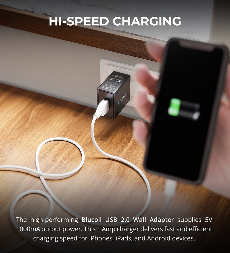 [Australia - AusPower] - Blucoil USB Universal Wall Charger with 5V 1000mA Output Power, USB 2.0 Port, Over Current Protection for Portable Headphone and Amplifiers, Other Electronic Devices (Model No. KA25-0501000US) 