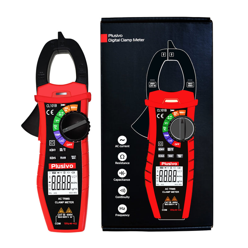 [Australia - AusPower] - Plusivo Digital T-RMS 6000 Counts, Multimeter, Non Contact Voltage Tester, Auto-ranging, Measures Current Voltage Temperature Capacitance Resistance Diodes Continuity Duty-Cycle (AC Clamp Meter) AC Clamp Meter 