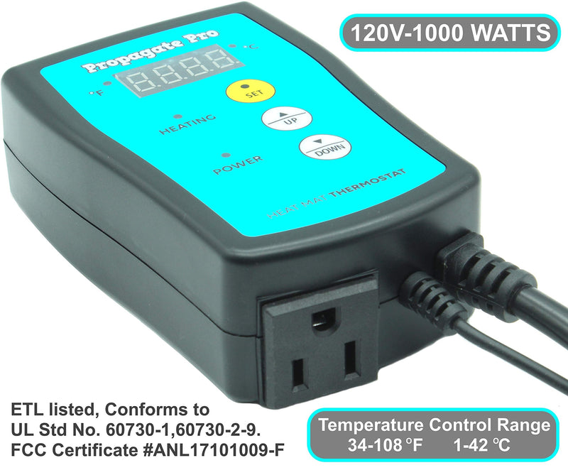 [Australia - AusPower] - Plug in 1000 Watt Heating Thermostat Outlet 34-108°F by Propagate Pro 110V, 120V Heat Mat Heater Pad Temperature Controller for Starting Seeds, Reptiles, Egg Incubation + Beer Brewing/Wine Making Heating 34-108F 