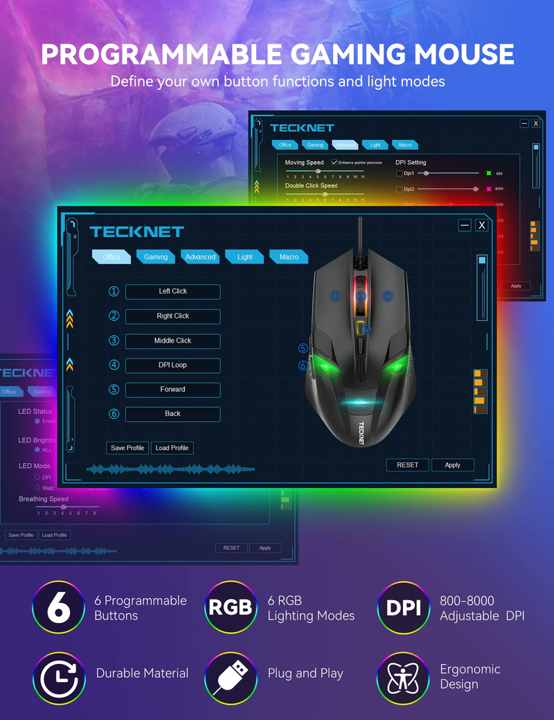 [Australia - AusPower] - TECKNET Wired Gaming Mouse 6 Color RGB Spectrum Backlit, 6 Programmable Buttons, Intelligent Sensor up to 8000 DPI, Ergonomic USB Mice Comfortable Grip for Laptop PC Gamer Computer Desktop (Black) 
