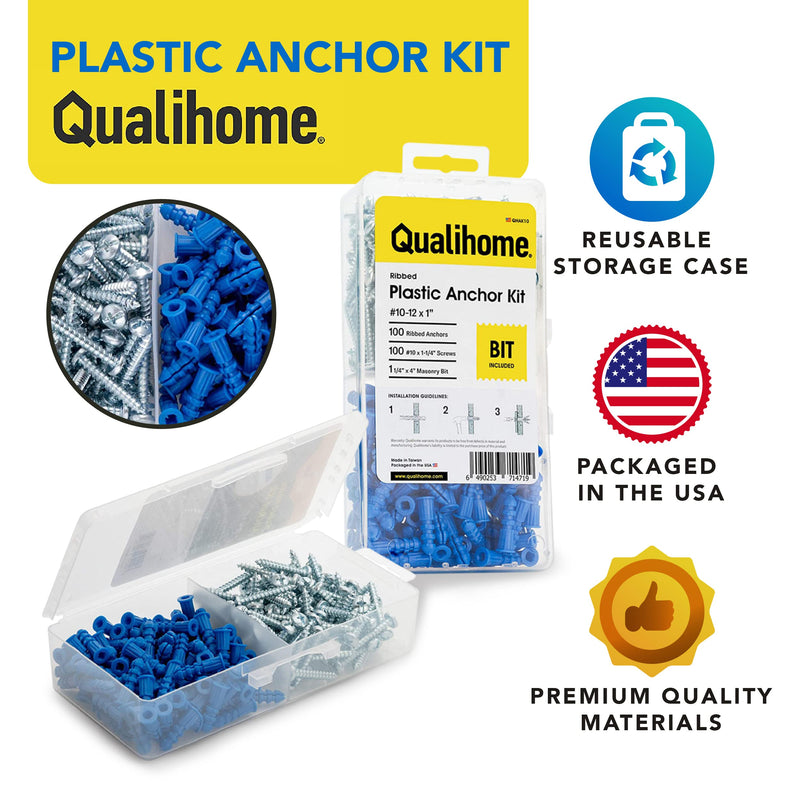 [Australia - AusPower] - Ribbed Plastic Drywall Anchor Kit with Screws and Masonry Drill Bit, 10-12 x 1" 