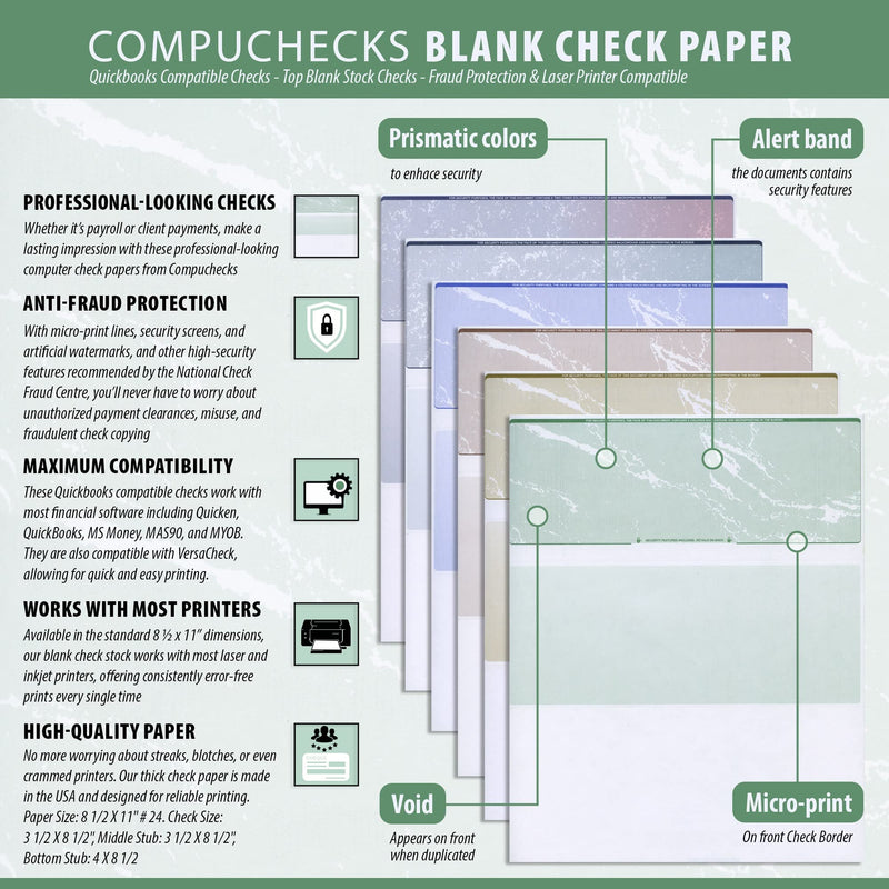 [Australia - AusPower] - Compuchecks Blank Check Paper - 100 Business Checks Compatible with QuickBooks, Versacheck and laser, inkjet printers - Check stock on top and Paycheck Stub on Bottom - Green Marble 