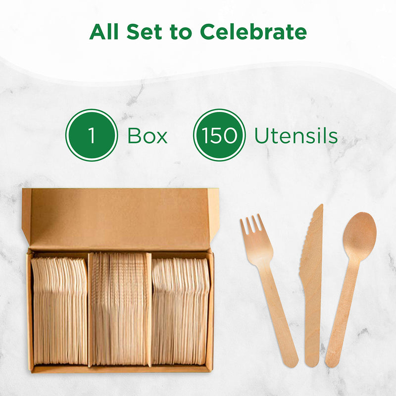 [Australia - AusPower] - Disposable Wooden Cutlery Set of 150 – 100% Birchwood, Smooth, Durable, Biodegradable, Chemical-Free Compostable Forks, Spoons, & Knives – Eco Friendly Silverware for Parties, Weddings, Camping Cutlery Set (150 pcs) 