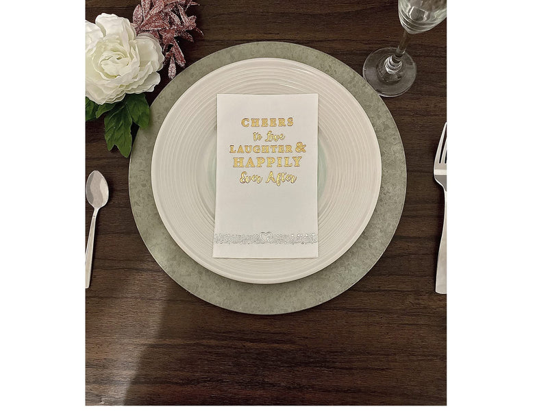 [Australia - AusPower] - Dinner Napkins Cheers - Pack (100 pieces) Napkin Gold and Plate Foil Paper Napkins, 1/6 Fold 2-Ply, Wedding, Anniversary Disposable Party Supplies, White, Folded 4 x 8 Inches Dinner Cheers 100 100 pieces 