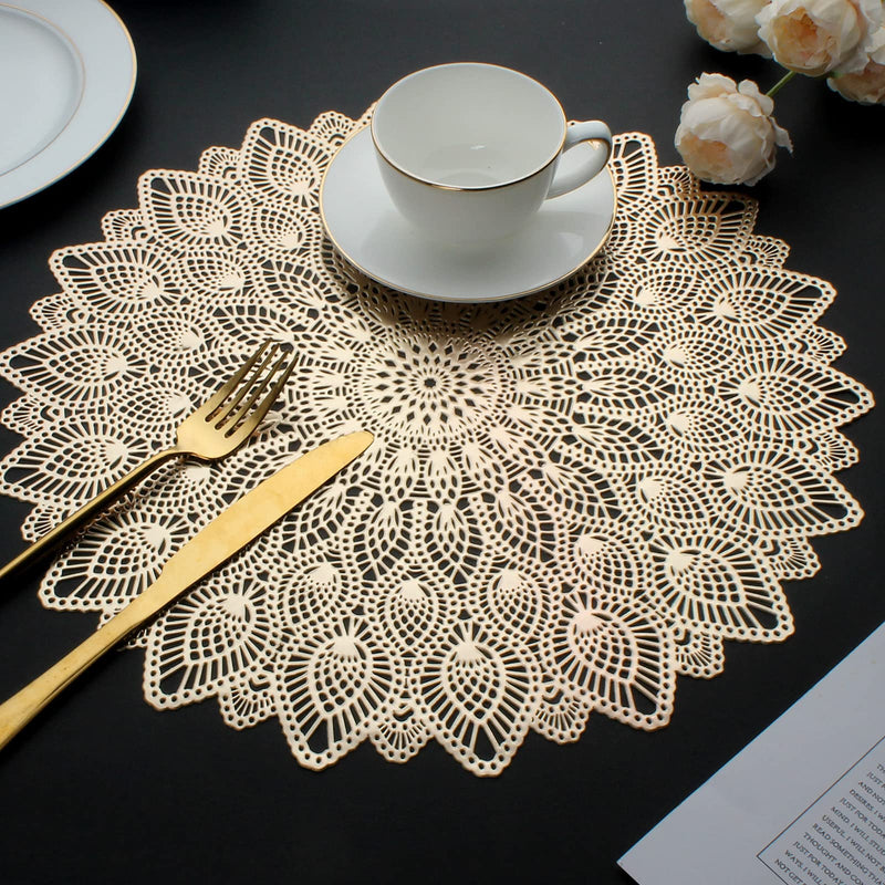 [Australia - AusPower] - Mabbcoo Gold Round Placemats, Hollow Out Washable and Wipeable Place Mats, Pressed Vinyl Table Mats Set of 6 for Anniversary Dinner Kitchen Decorations 6Pcs Round 