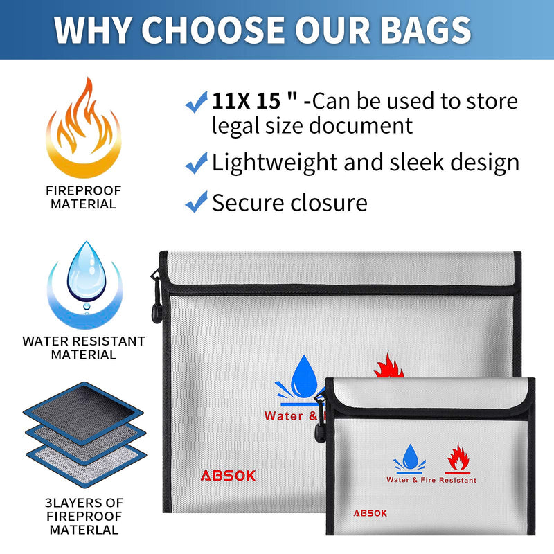 [Australia - AusPower] - Fireproof Document Bag，Fireproof Money Safe Document Bag 15 x11 & 9x7 Inches Set Non-Itchy Silicone Coated Fire Resistant Bag Fireproof Safe Storage for Money, Documents, Jewelry and Passport 
