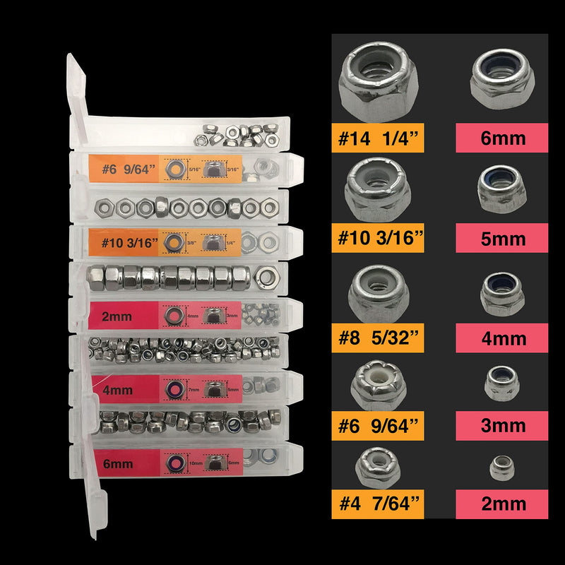 [Australia - AusPower] - EEEEE Lock Nut Assortment 180 Pieces Dual Scales Metric Imperial Hardware Nuts 2mm 3mm 4mm 5mm 6mm nut 7/64-1/4#4#8#10#14 Stainless Steel 304 Nylon Insert Lock Nuts Assortment Nylon Lock 