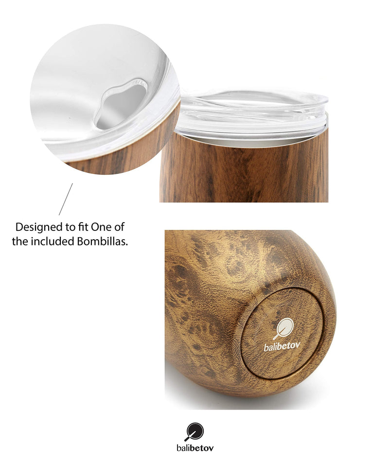 [Australia - AusPower] - BALIBETOV Modern Mate Cup And Bombilla Set (Yerba Mate Cup) -Yerba Mate Set includes Double Walled 18/8 Stainless Steel Mate Tea Cup, Two Bombilla Mate (Straw) and a Cleaning Brush (Wood, 12) Wood 12.0 ounces 