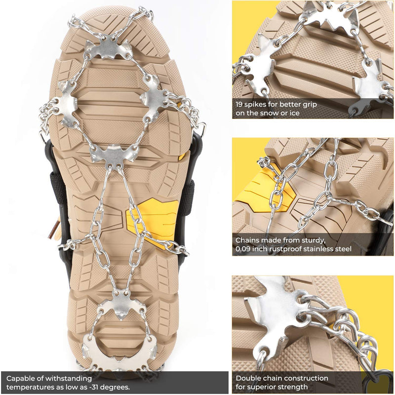 [Australia - AusPower] - Sportneer Ice Cleats, Ice Snow Grips, 19 Spikes Stainless Steel Anti-Slip Climbing Crampons for Shoes Boots, Safe Protect for Walking, Mountaineering, Climbing, Hiking on Snow Black Medium 