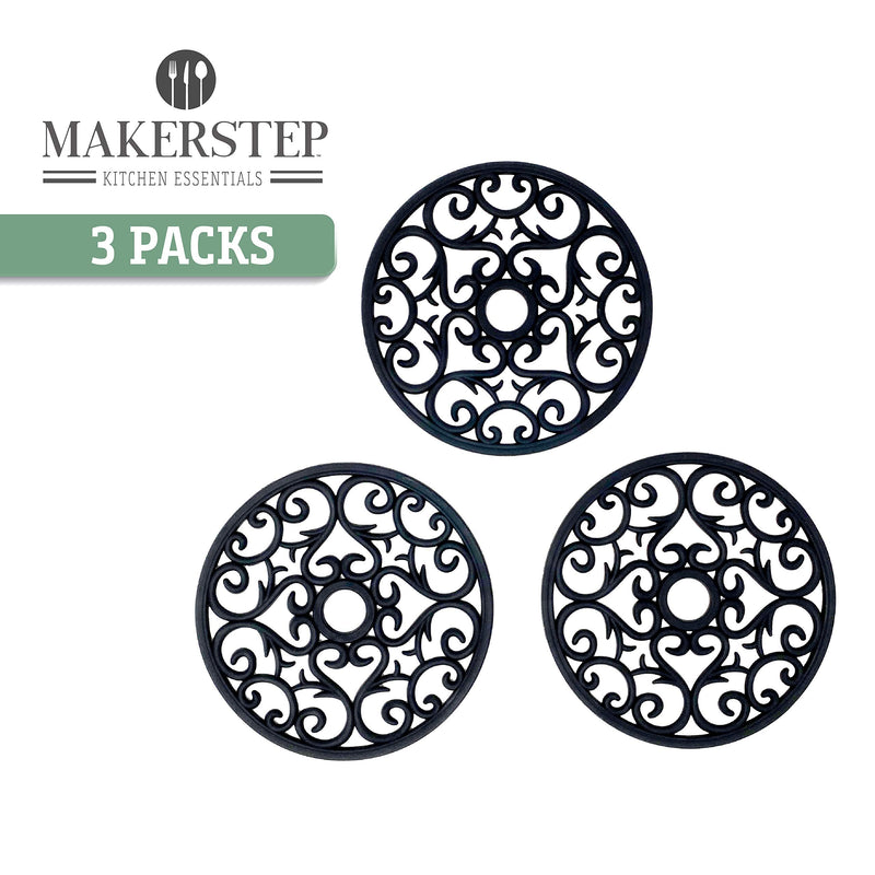 [Australia - AusPower] - Makerstep Silicone Trivet Mat 3 Set in Heart Design Trivets. Hot Pan Holder Hot Pads for Countertop & Table. Non Slip, Serving Dishes Plates. Dishwasher Safe, Heat Resistant Kitchen Gadgets, Black 