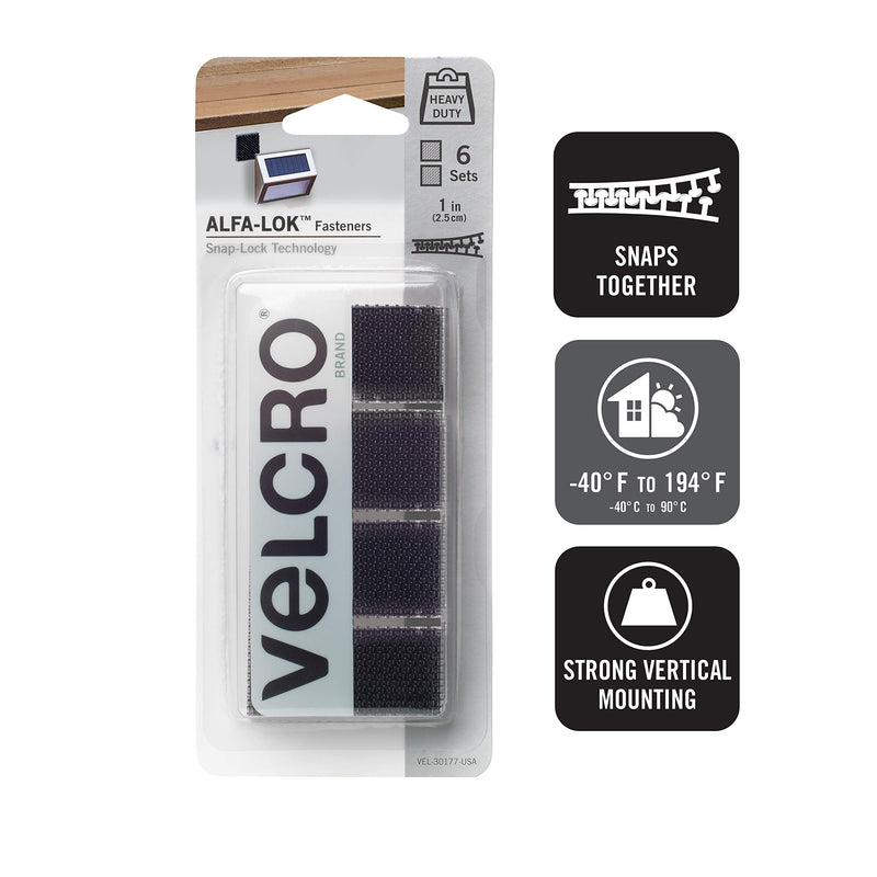[Australia - AusPower] - VELCRO Brand VEL-30177-USA ALFA-LOK Fasteners | Heavy Duty Snap-Lock Technology | Self-Engaging and Multidirectional Use | Black, 1 inch Squares, 6 Sets 