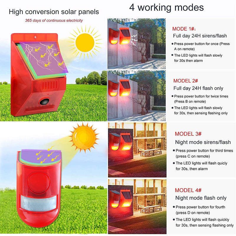 [Australia - AusPower] - Solar Alarm Light with Motion Sensor,Solar Strobe Light with Motion Detector,129dB Sound Security IP65 Waterproof with Remote Control for Home,Farm,Villa,Yard 