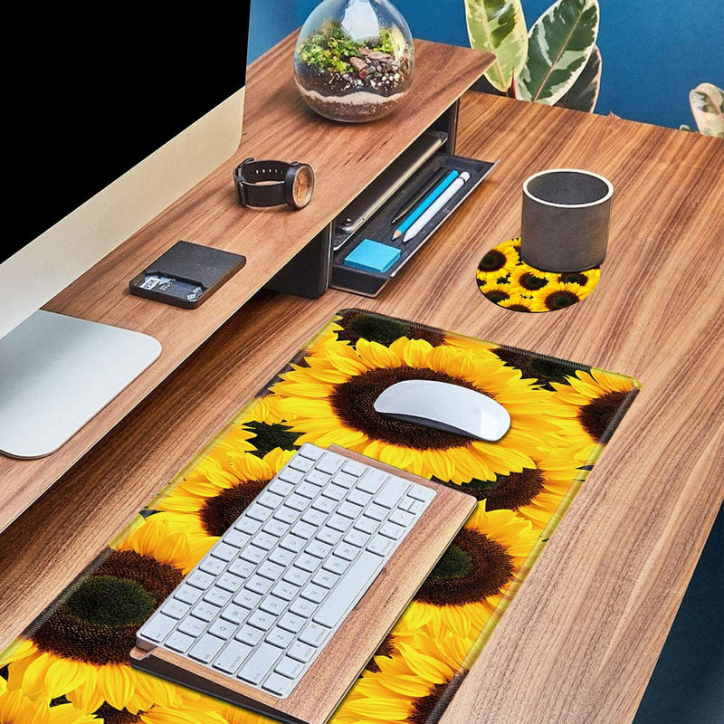 [Australia - AusPower] - Large Gaming Mouse Pad Non-Slip Keyboard Pad Soft Extended Desk Mat Desktop Writing Pad (31.5"×11.8") with Yellow Sunflower Design for Home & Office + Cup Coaster and Cute Stickers 
