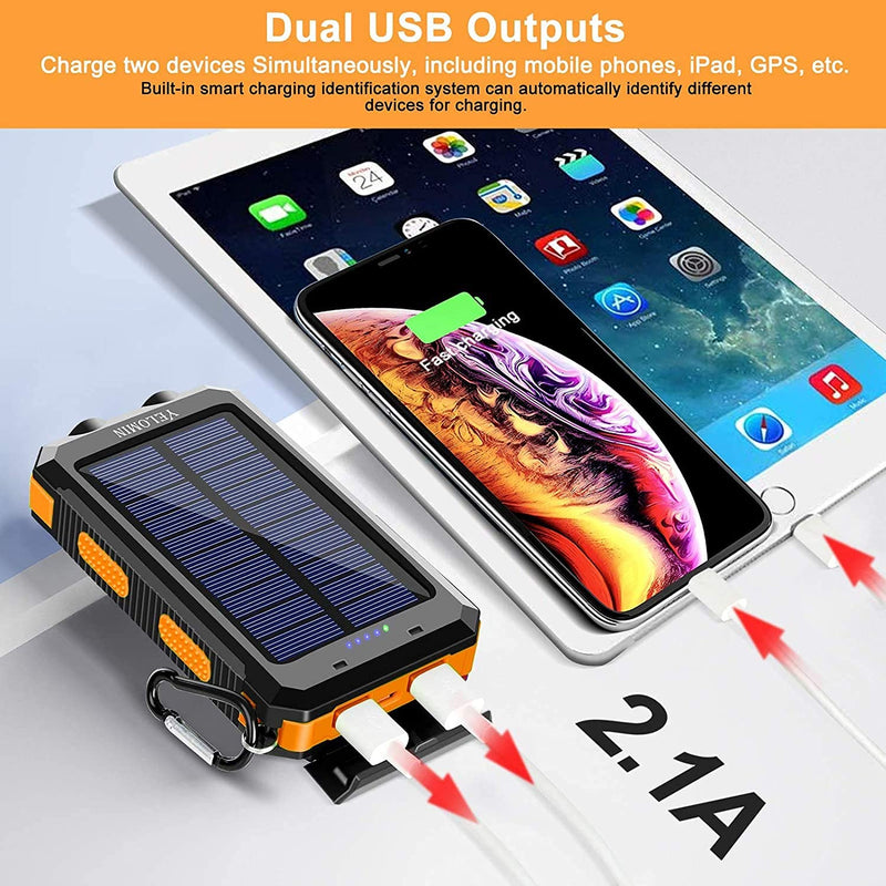 [Australia - AusPower] - Solar Charger, YELOMIN 20000mAh Portable Waterproof Solar Power Bank for Cellphones, Outdoor External Backup Battery Pack Dual USB 5V Outputs/LED Flashlights Compatible Tablets and Electronic Devices Orange 