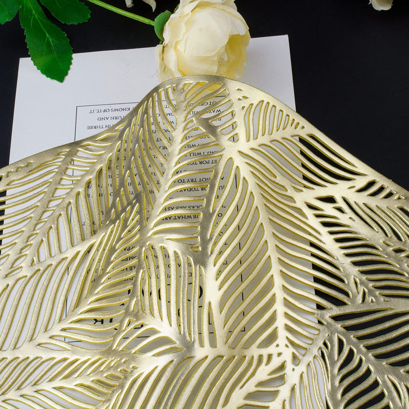 [Australia - AusPower] - Mabbcoo Placemats Set of 6, Round Leaf Place Mats for Dining Table Hollowed-Out Pressed Vinyl Table Mats for Holiday Party Wedding Accent Centerpiece Dinner Table Decoration (Gold) Leaf Round Gold 