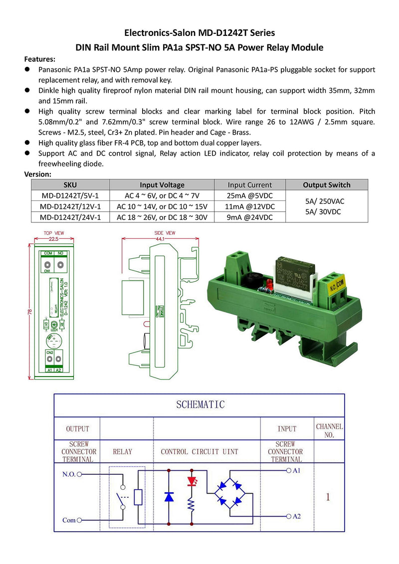 [Australia - AusPower] - Electronics-Salon AC/DC 24V Slim DIN Rail Mount 5Amp SPST-NO Power Relay Interface Module, PA1a-24V. 