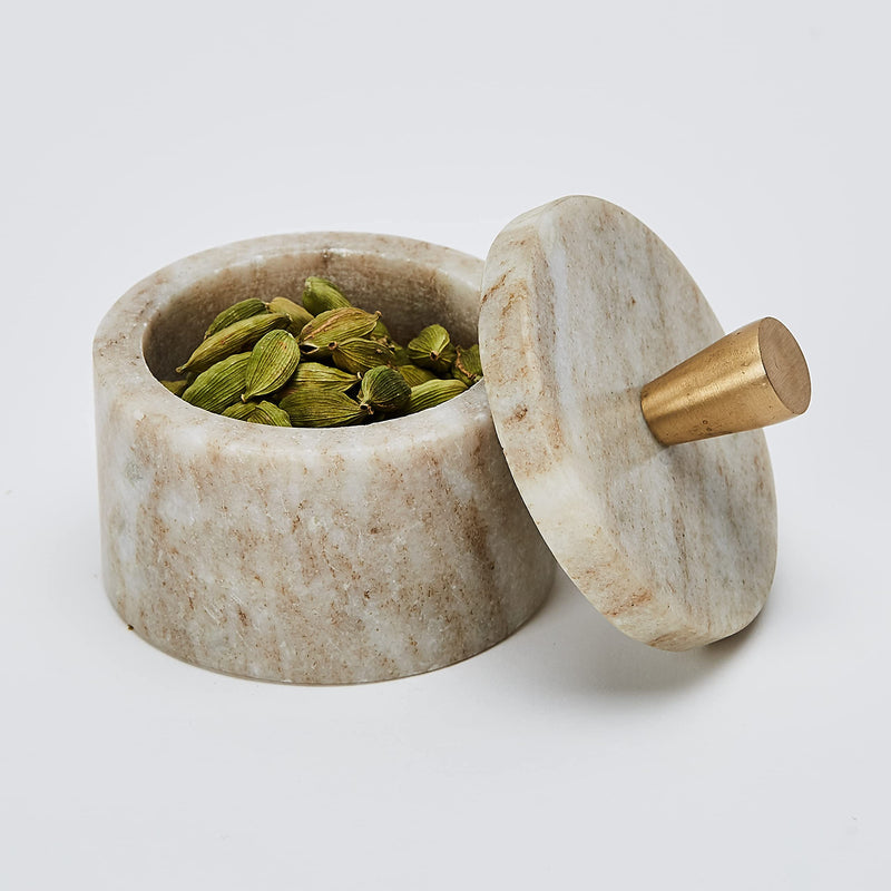[Australia - AusPower] - Queenza Brown Marble Salt Cellar with Natural Variation of Color - 3 Inch Salt Container with Premium Brass Knob on Lid for Easy Holding 