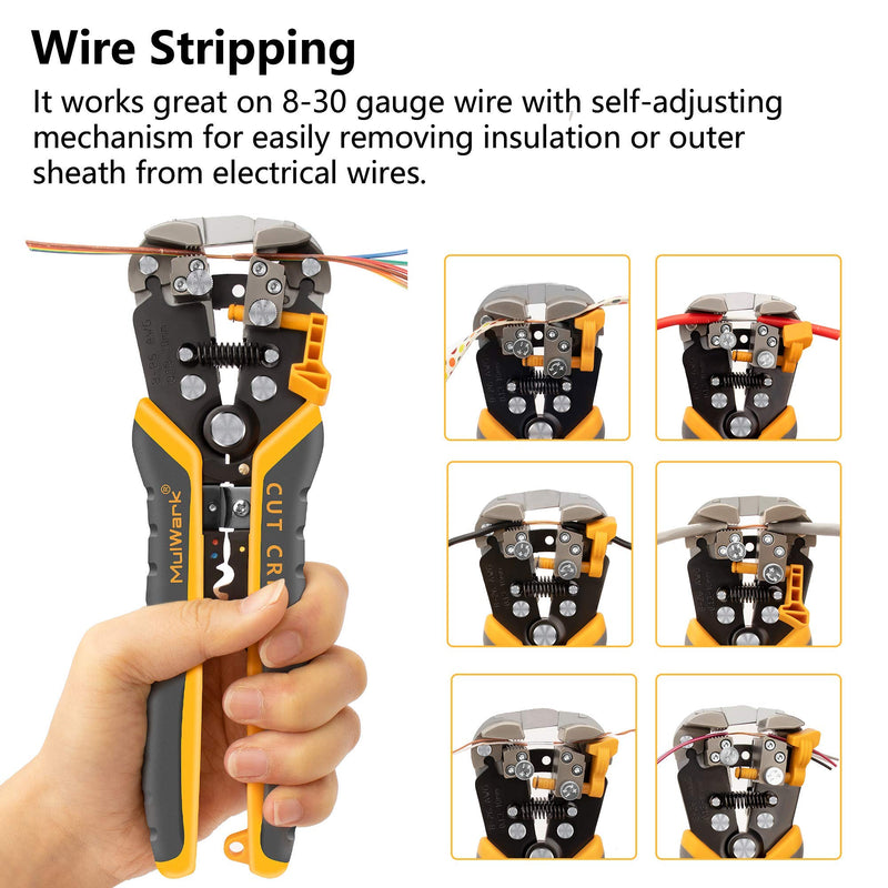 [Australia - AusPower] - MulWark 3 in 1 Automatic Self Adjusting Wire Stripper/ Cutter/ Crimper, 8 Inch Multi Pliers For Electrical Wire Stripping, Cable Cutting, Crimping Tool from 8 AWG to 30 AWG 