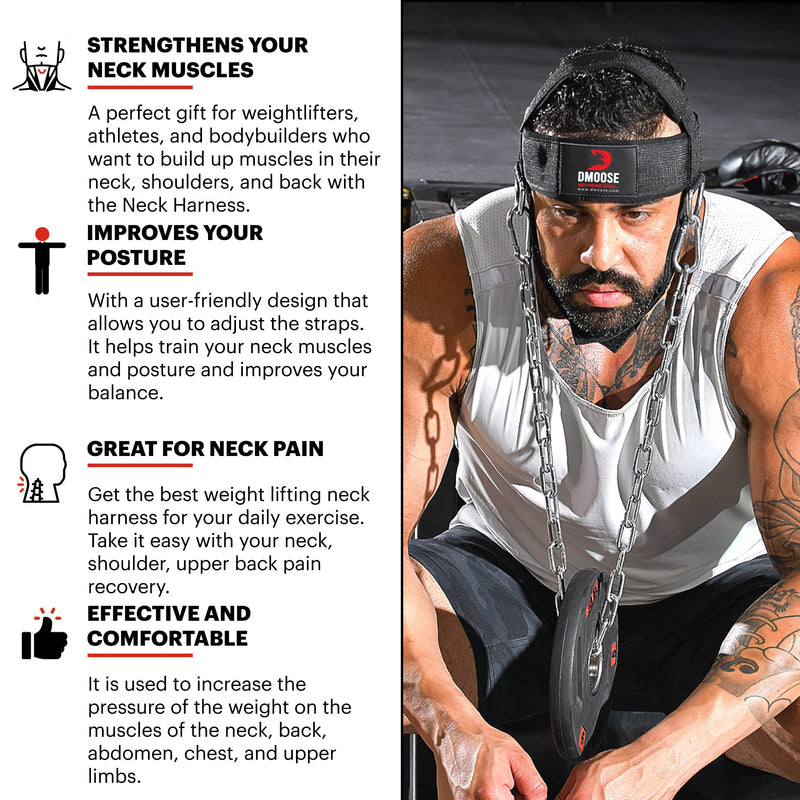 [Australia - AusPower] - DMoose Neck Harness for Weight Training, Neck Exerciser for Neck Workout Equipment Gym, Neck Trainer with Adjustable Long Steel Chain and Strap, Neoprene Support Head Harness, Improve Muscle Strength American With Support Strap 