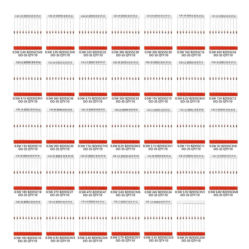 [Australia - AusPower] - Chanzon 34 Values 0.5W Zener Diode Assorted Kit (2V 2.2V 2.4V 2.7V 3V 3.3V 3.6V 3.9V 4.3V 4.7V 5.1V 5.6V 6.2V 6.8V 7.5V 8.2V 9.1V 10V 11V 12V 13V 15V 16V 18V 20V 22V 24V 27V 30V 33V 36V 39V 43V 47V) 